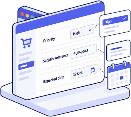 Illustration of Priority, Supplier reference and Expected date fields for WooCommerce orders