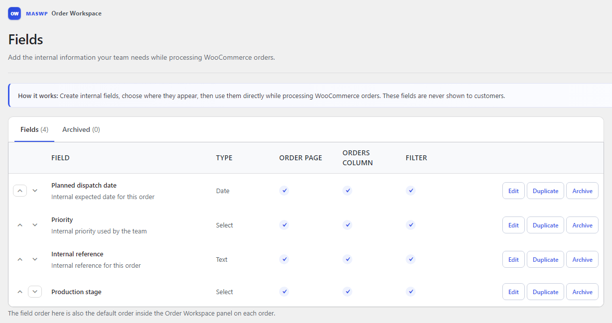 Order Workspace Select field configuration for production stages
