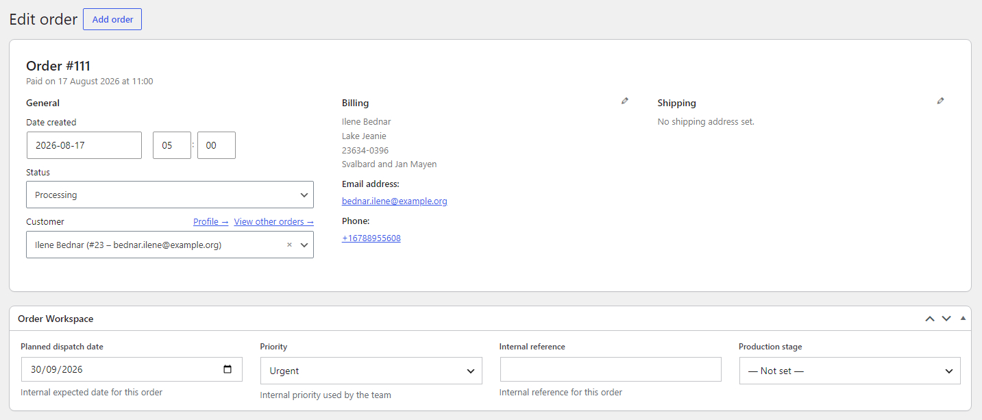 WooCommerce order with internal production stage, planned dispatch date and priority