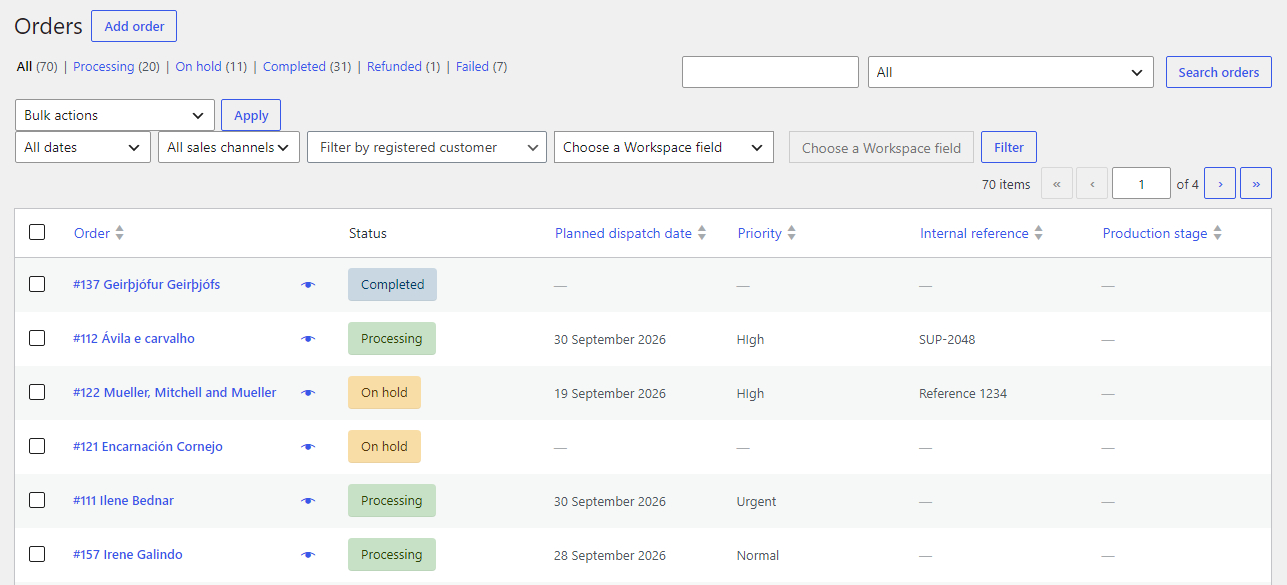 WooCommerce Orders list showing Workspace production columns and stage filter