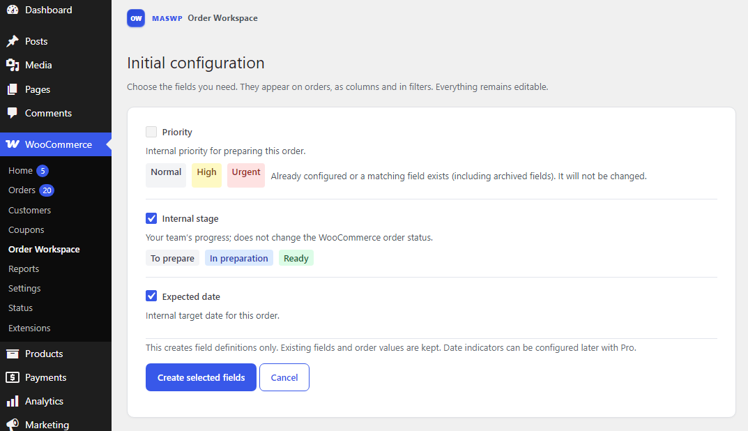 Order Workspace initial field configuration